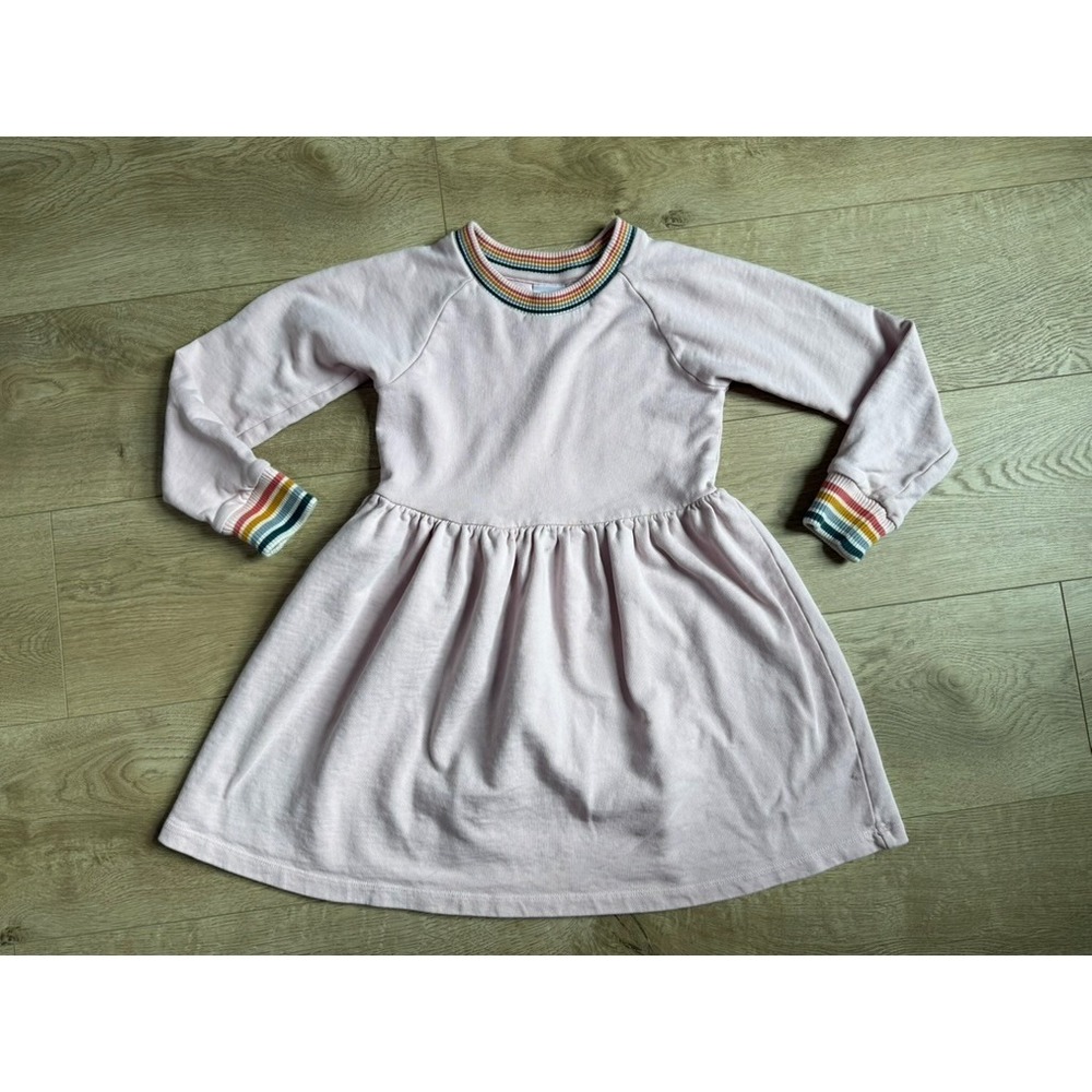 Kid Girls Hanna Andersson sweatshirt dress rainbow-striped cuffs neck‎ size 6-7